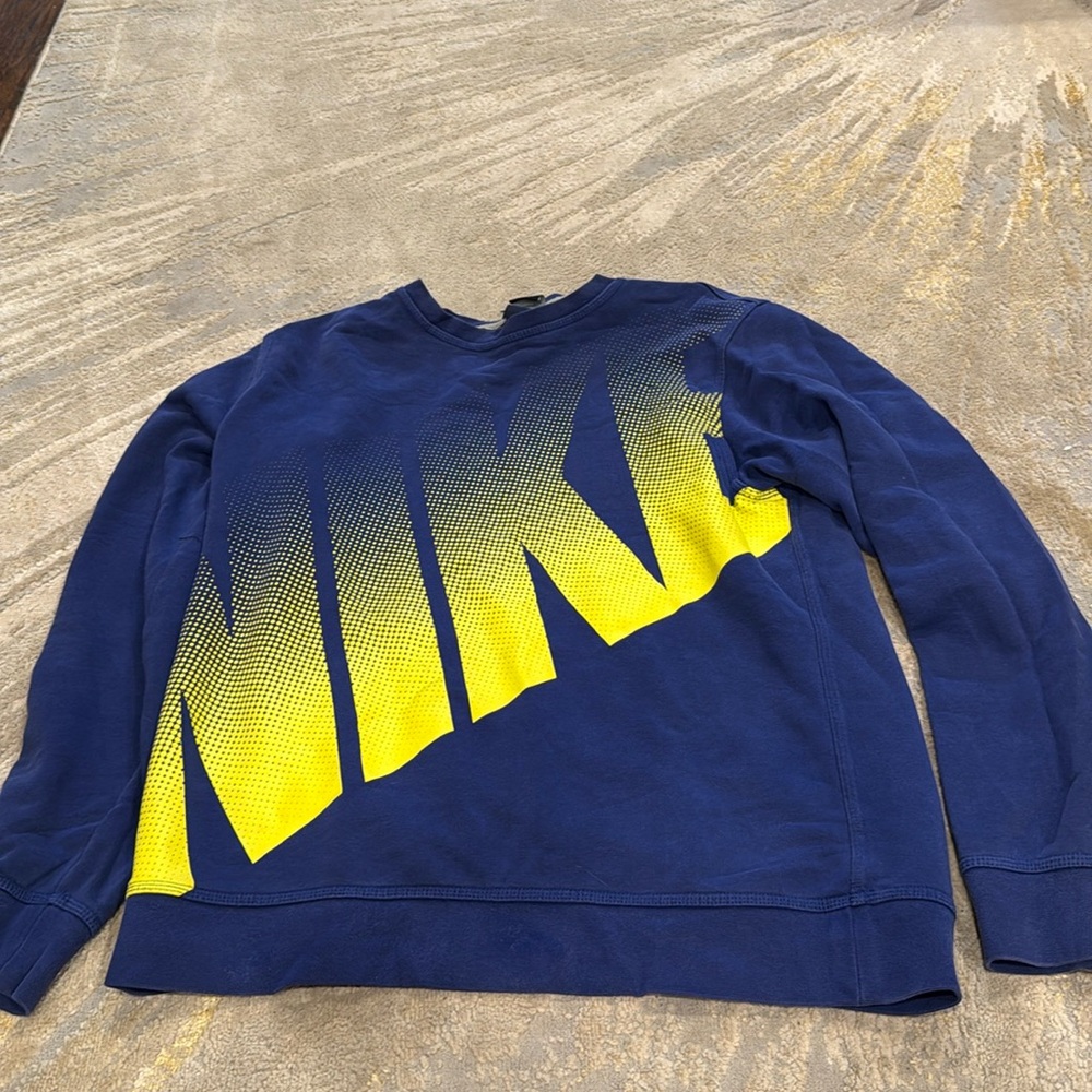 Nike sweatshirt Mens L Royal Blue Neon Yellow Spellout GUC on blue tag